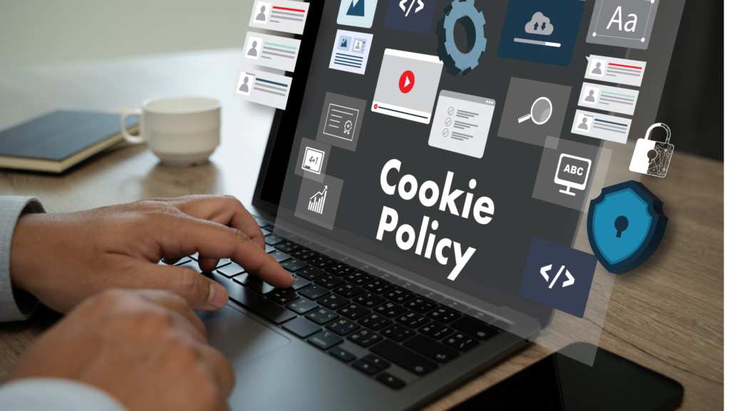 Pantalla de laptop mostrando diversos iconos de configuración y el texto "Cookie Policy", representando la transparencia en la navegación web de MACHU PICCHU VIVE VIP.