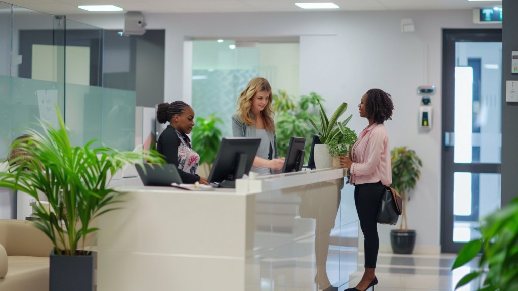 Asesoras de MACHU PICCHU VIVE VIP brindando asistencia personalizada a una viajera sobre cómo reservar un tour en sus oficinas de Cusco.